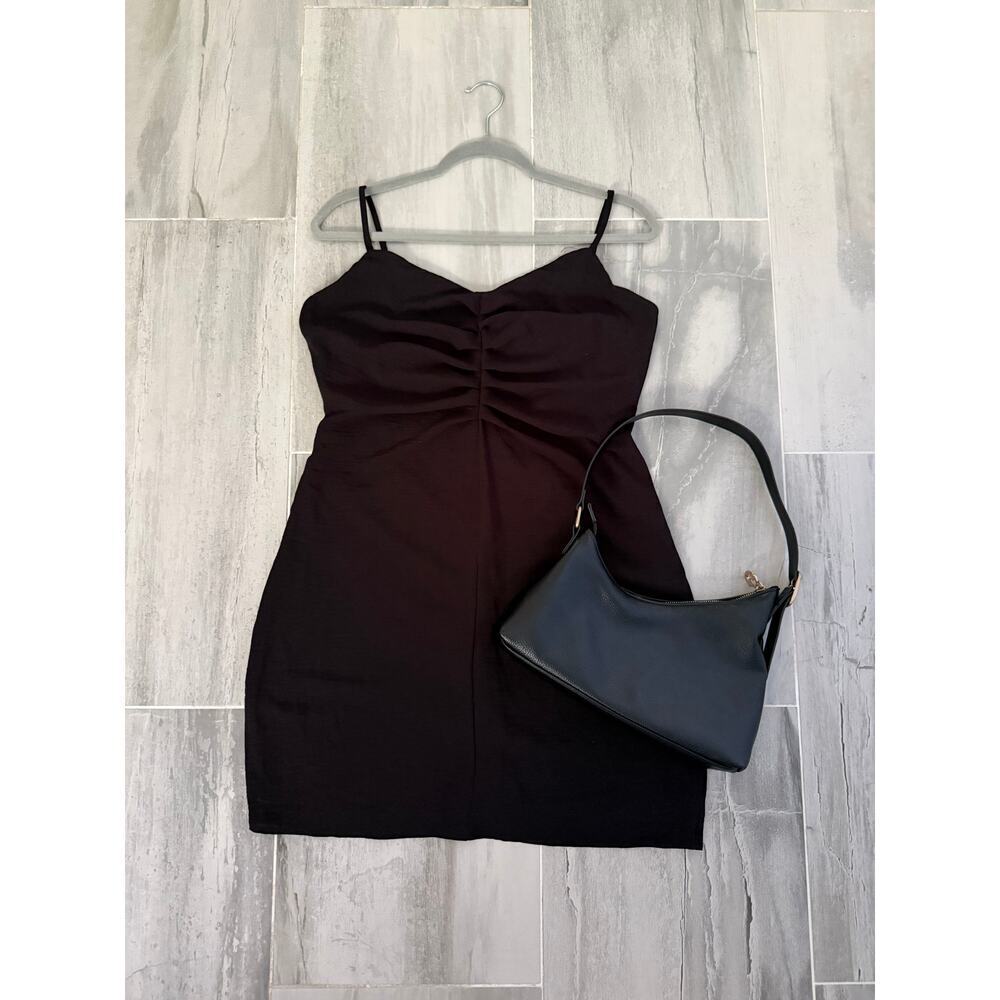 Bar III Black Ruched Mini Dress Spaghetti Strap Bodycon Cocktail Party Size Med.